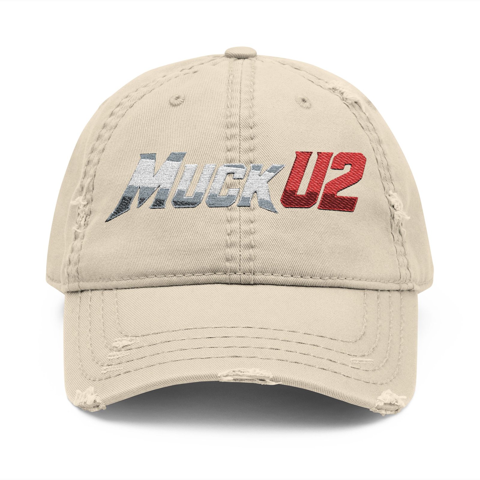 MuckU2 Distressed Dad Hat – Silver & Red Logo