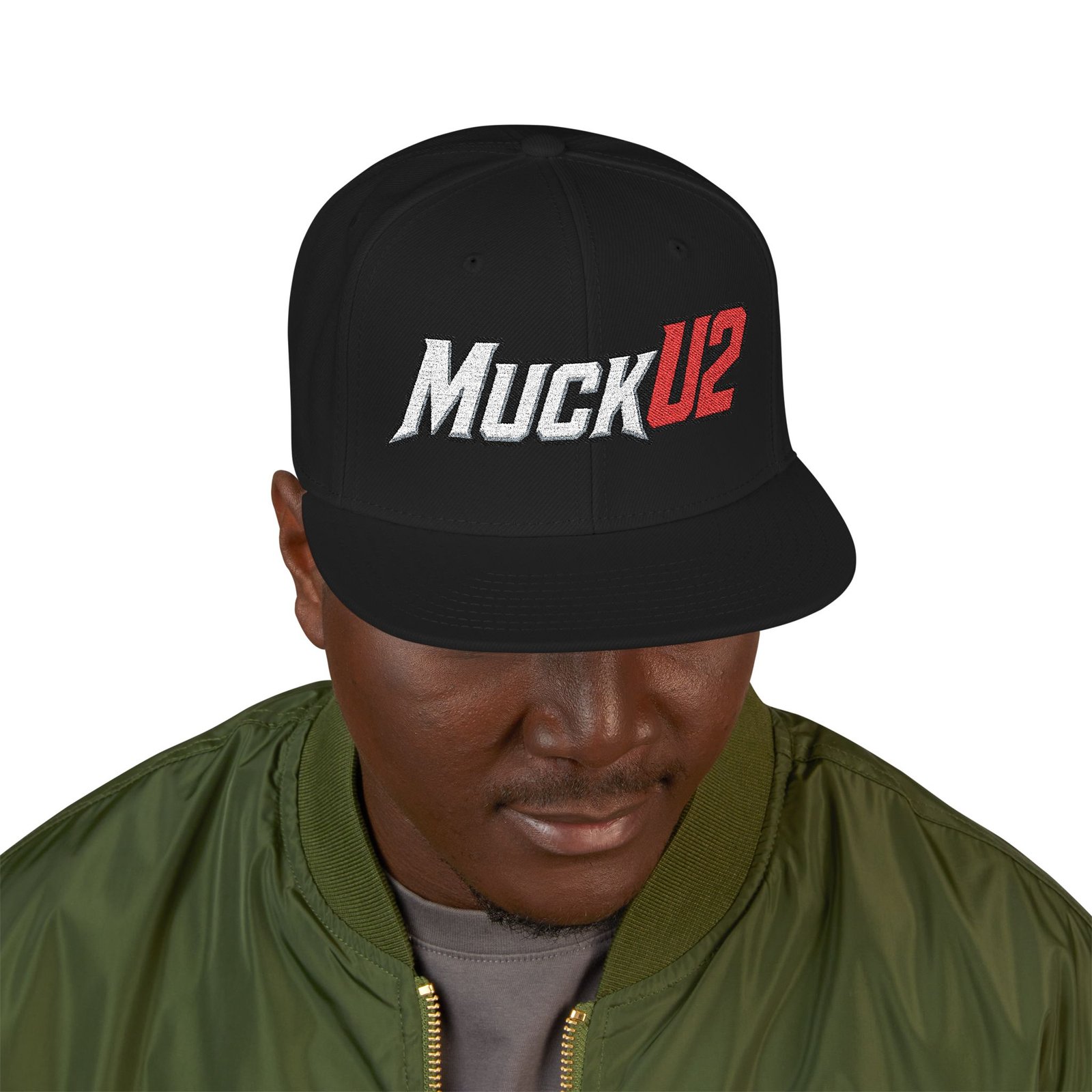 MuckU2 Snapback Poker Cap – White & Red Embroidered Logo