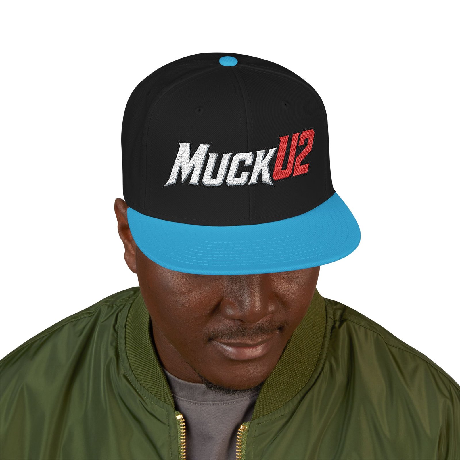 MuckU2 Snapback Poker Cap – White & Red Embroidered Logo