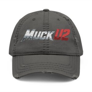 MuckU2 Distressed Dad Hat – Silver & Red Logo