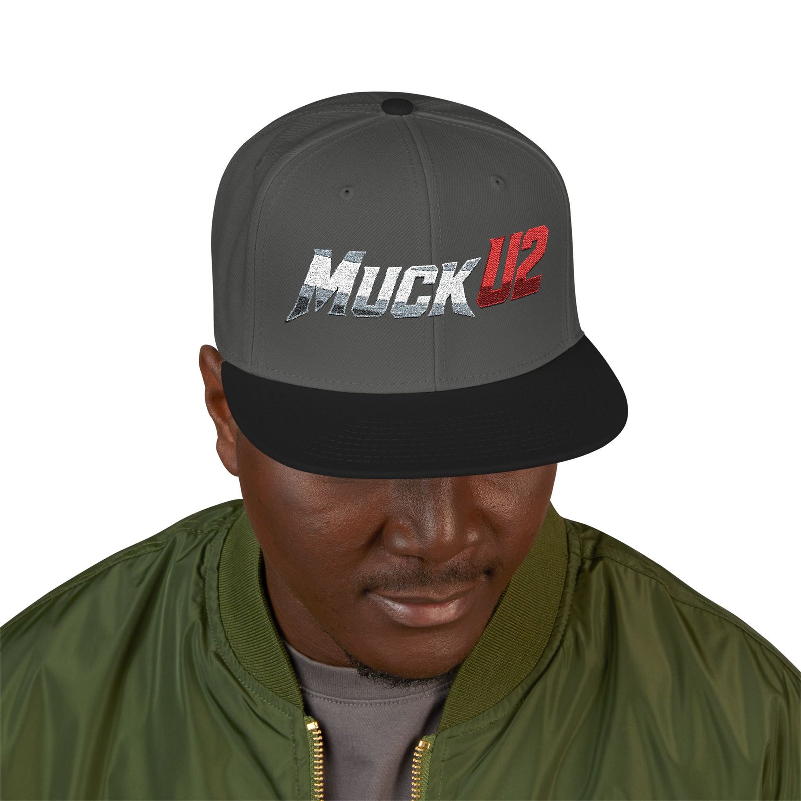 MuckU2 Snapback Poker Cap – Gradient Silver & Red Logo
