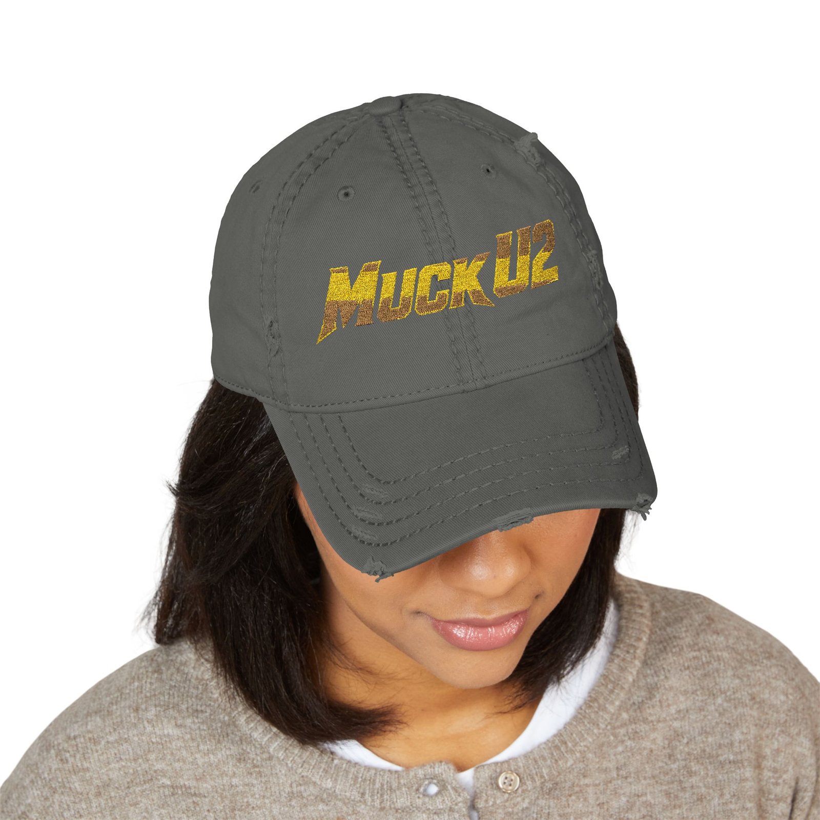 MuckU2 Distressed Dad Hat – Gold Embroidered Poker Cap