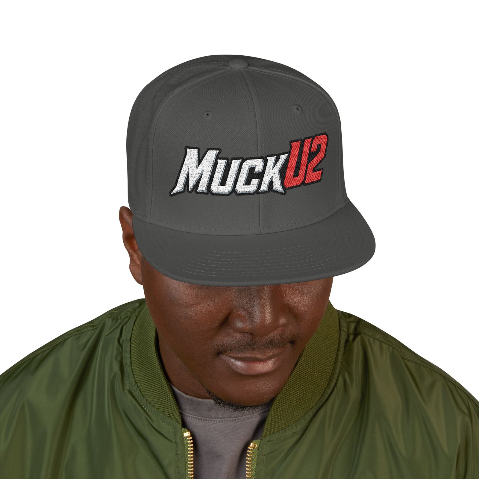 MuckU2 Snapback Poker Cap – White & Red Embroidered Logo