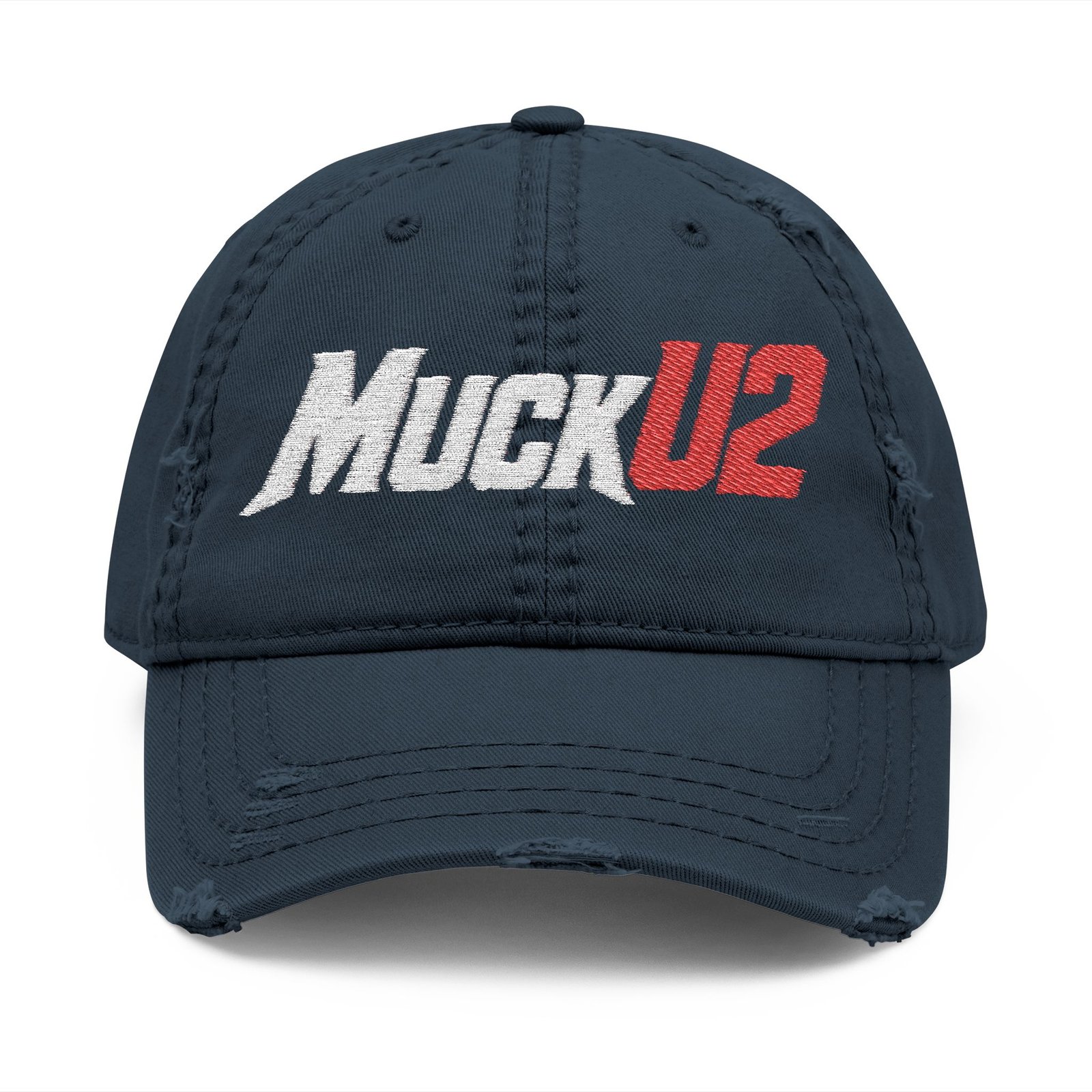 MuckU2 Distressed Dad Hat – White & Red Embroidered Poker Cap