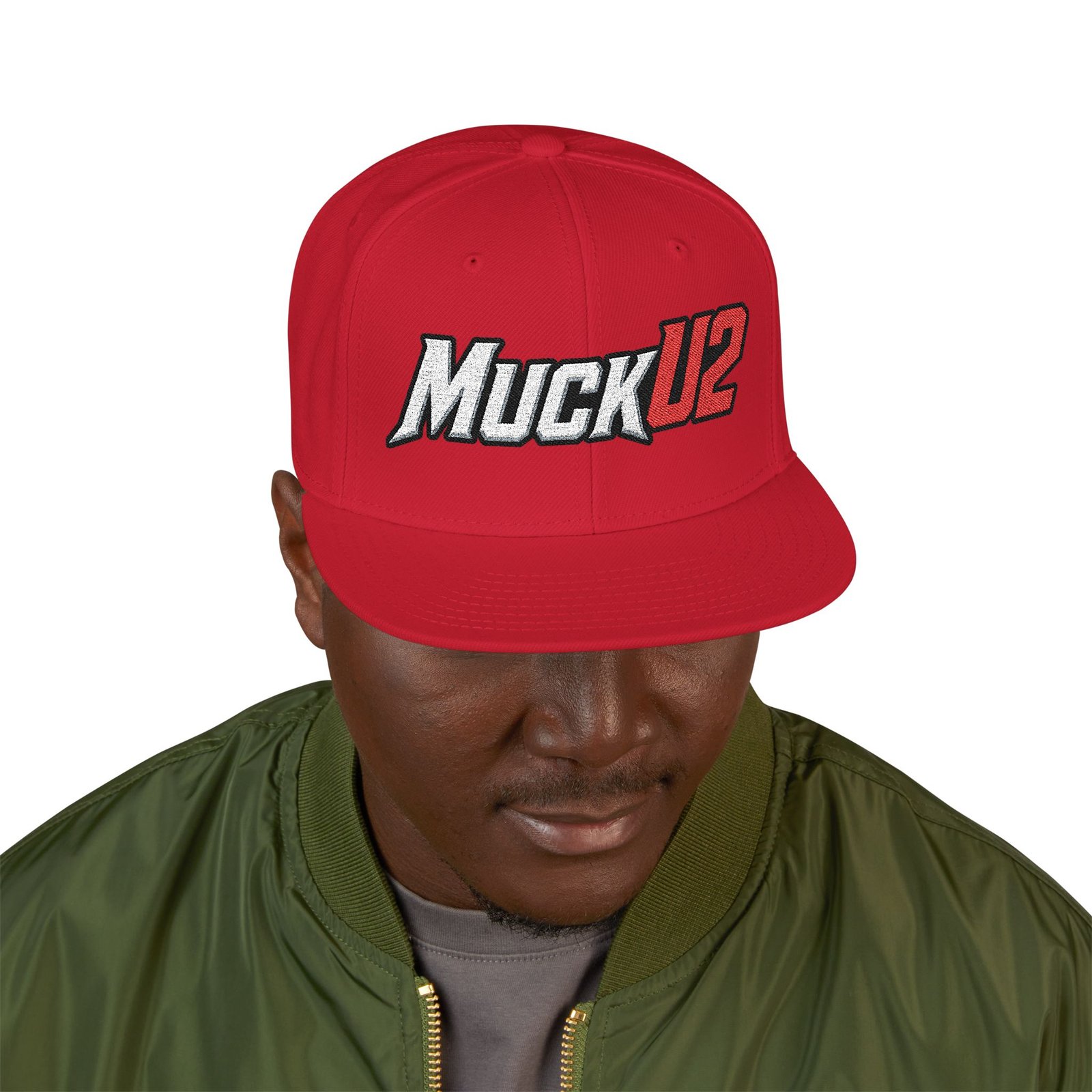 MuckU2 Snapback Poker Cap – White & Red Embroidered Logo