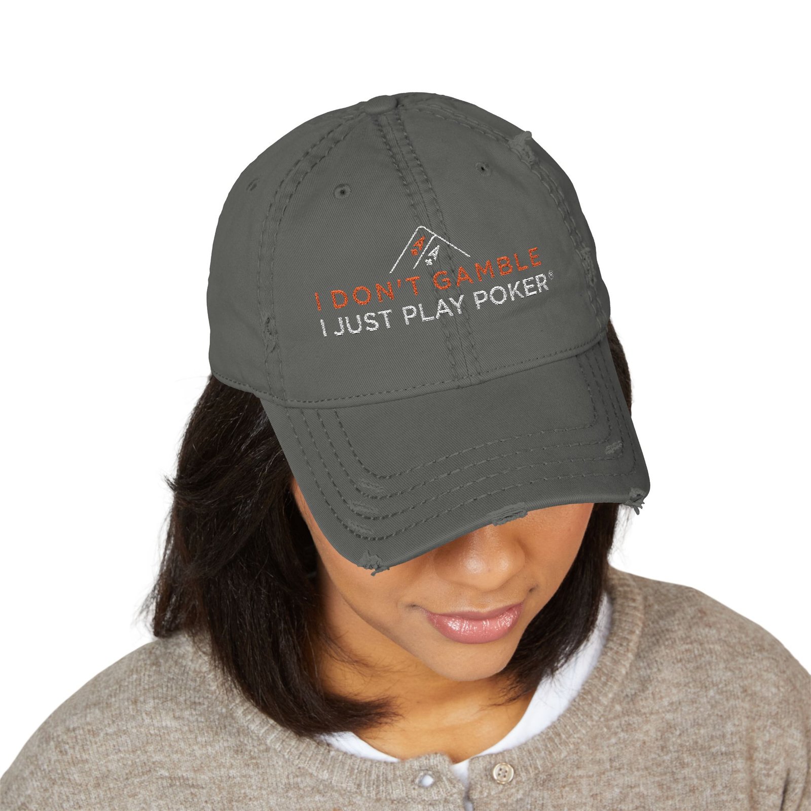 I Don’t Gamble, I Just Play Poker Distressed Dad Hat – Red & White Poker Logo