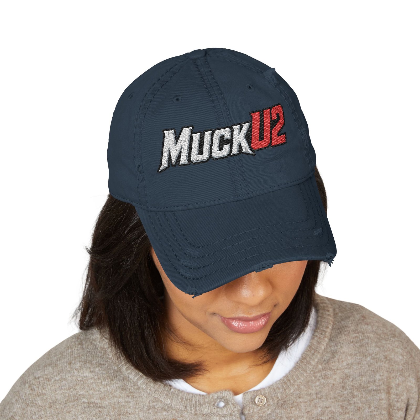MuckU2 Distressed Dad Hat – White & Red Embroidered Poker Cap
