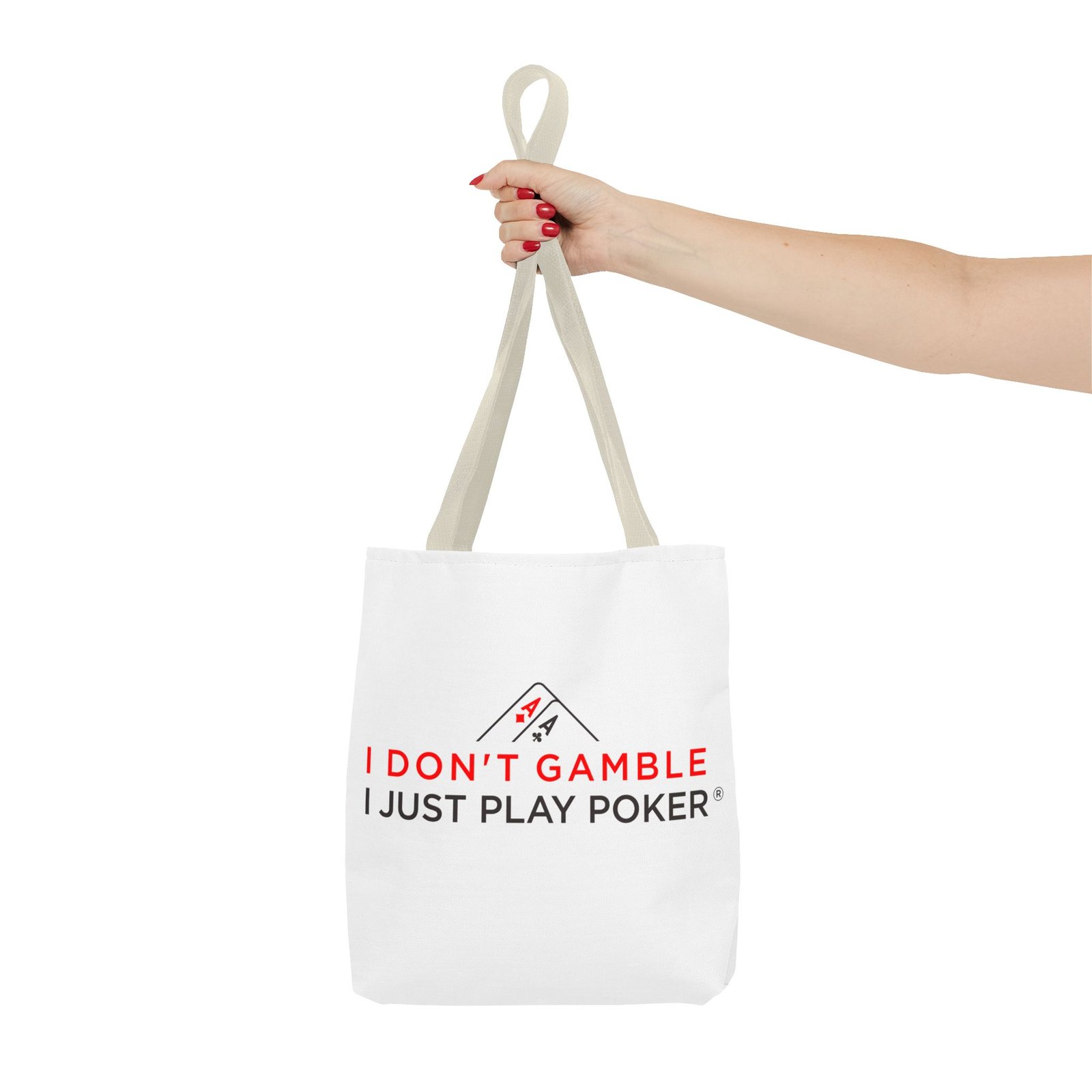 I Don’t Gamble, I Just Play Poker Tote Bag – Red & Black Logo