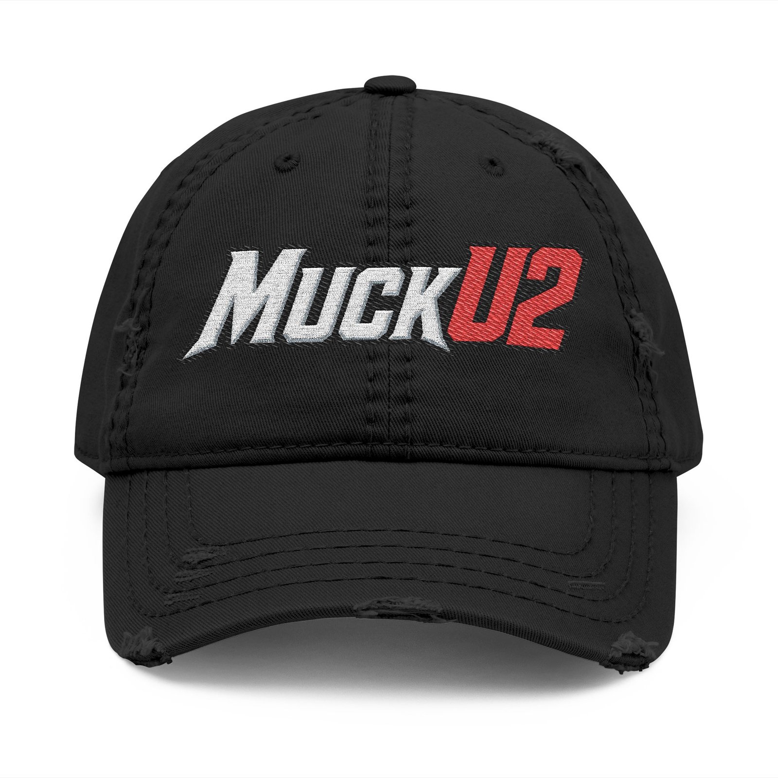 MuckU2 Distressed Dad Hat – White & Red Embroidered Poker Cap