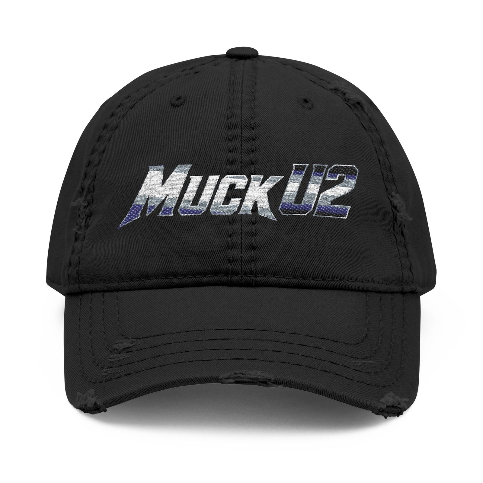 MuckU2 Distressed Dad Hat – Silver & Blue Embroidered Poker Cap
