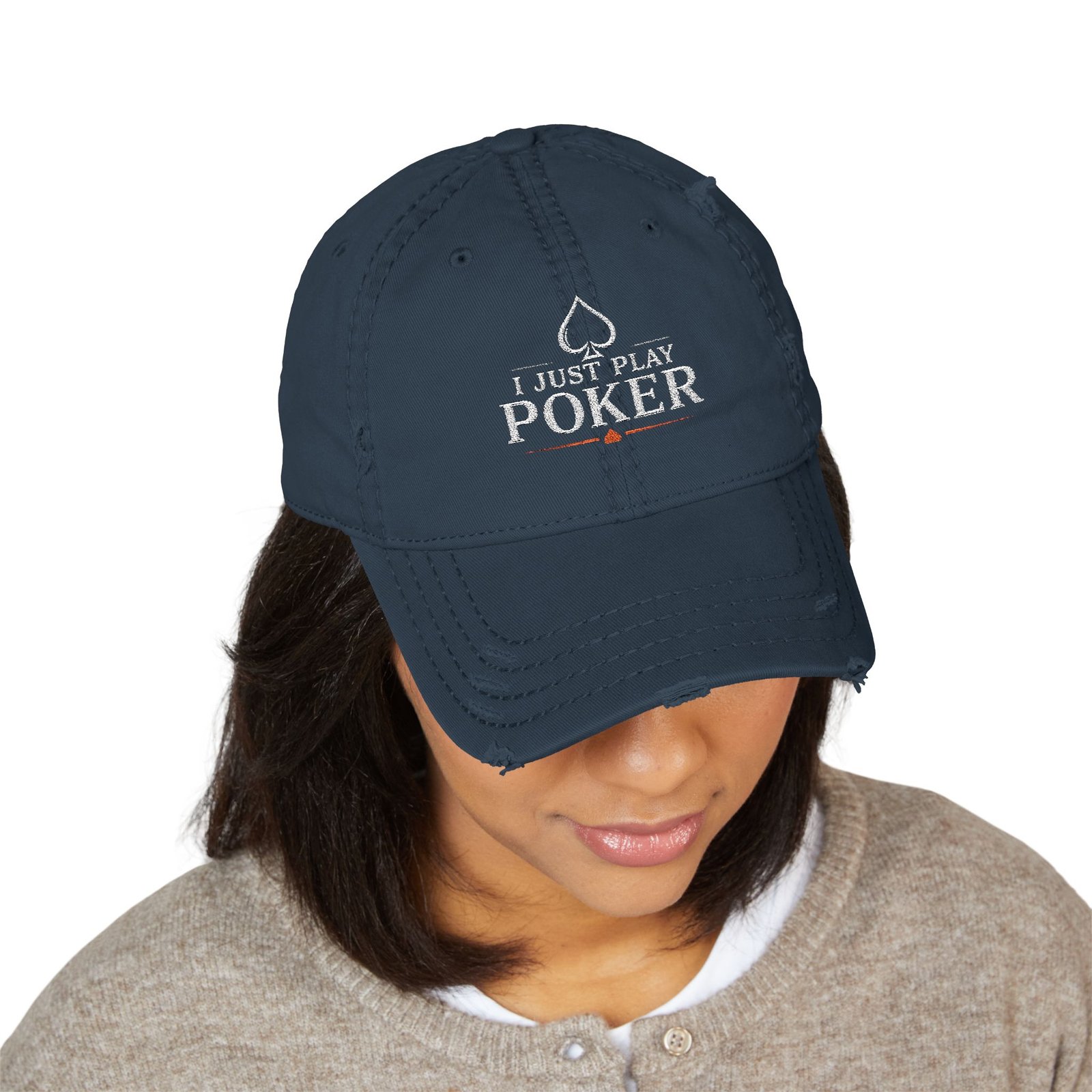 I Just Play Poker Distressed Dad Hat – White & Red Poker Logo