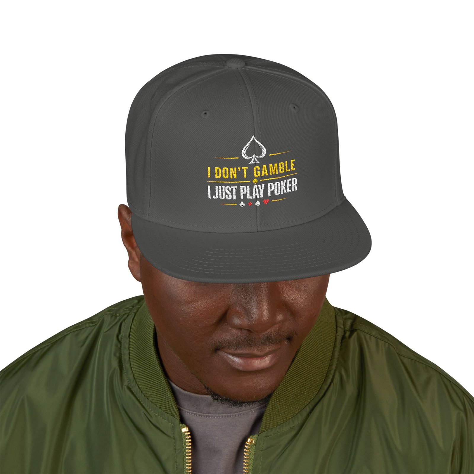 I Don’t Gamble, I Just Play Poker Snapback Cap – Gold & White Logo