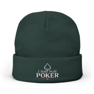 I Just Play Poker Beanie – White & Red Logo