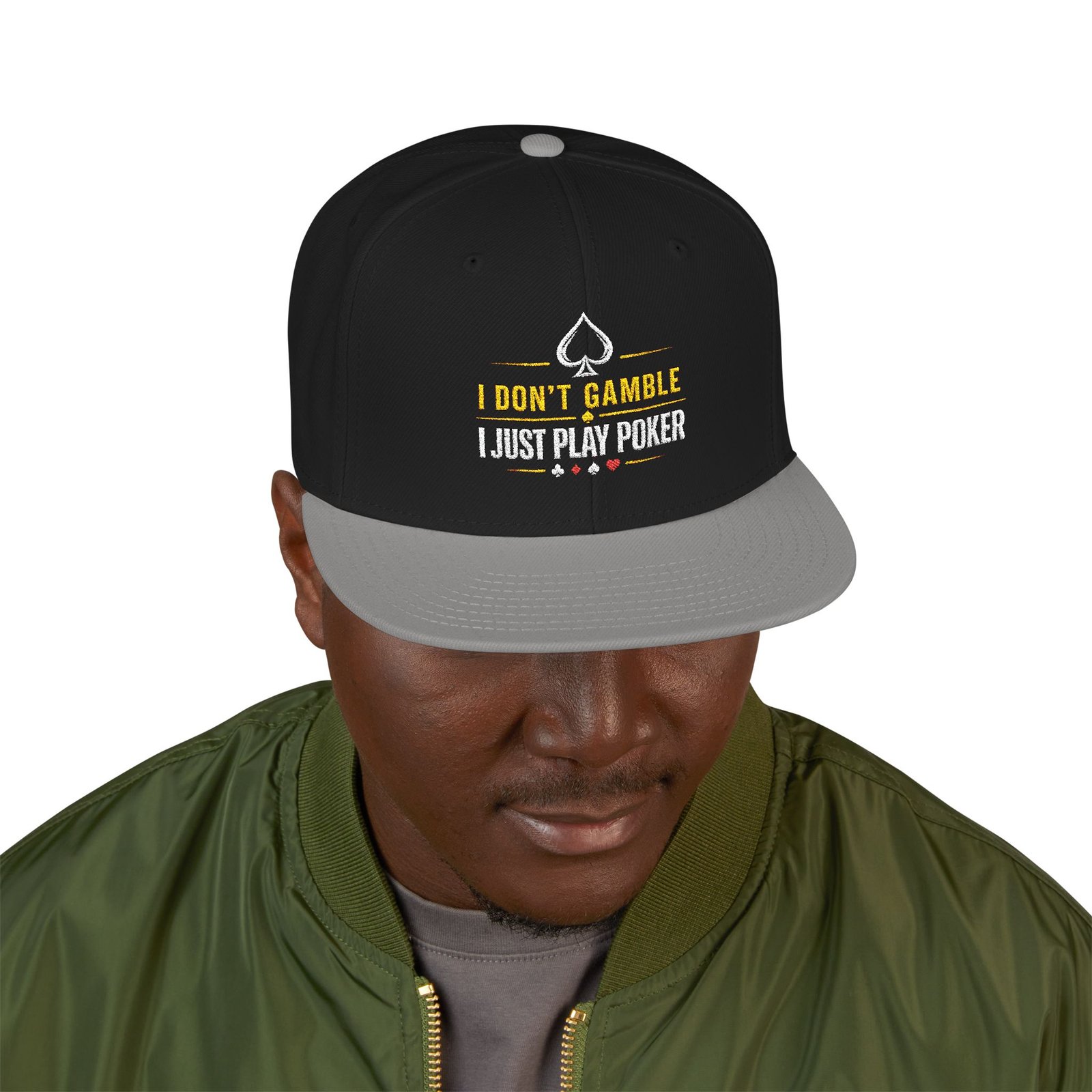 I Don’t Gamble, I Just Play Poker Snapback Cap – Gold & White Logo