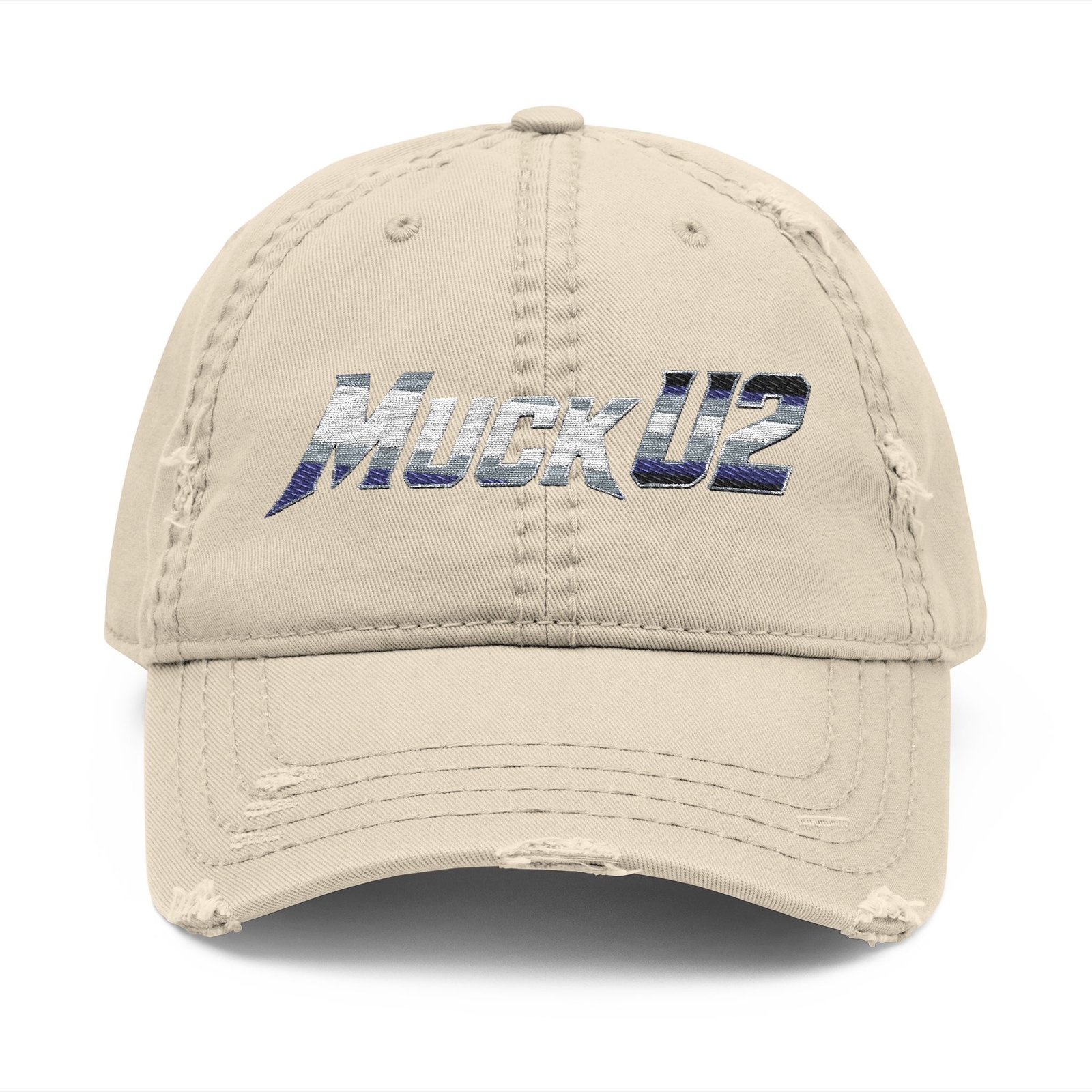 MuckU2 Distressed Dad Hat – Silver & Blue Embroidered Poker Cap