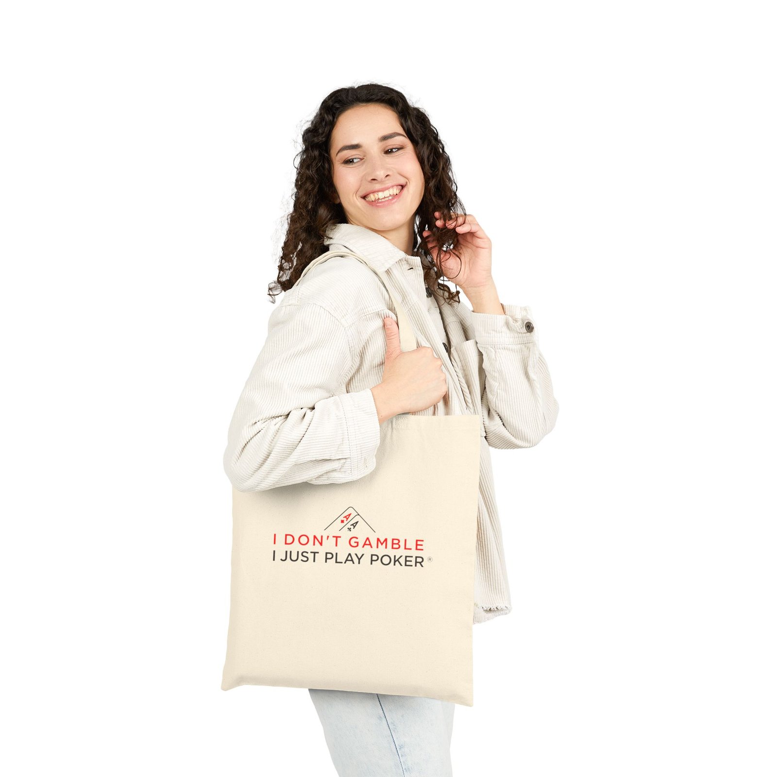 I Don’t Gamble, I Just Play Poker Tote Bag – Red & Black Poker Logo