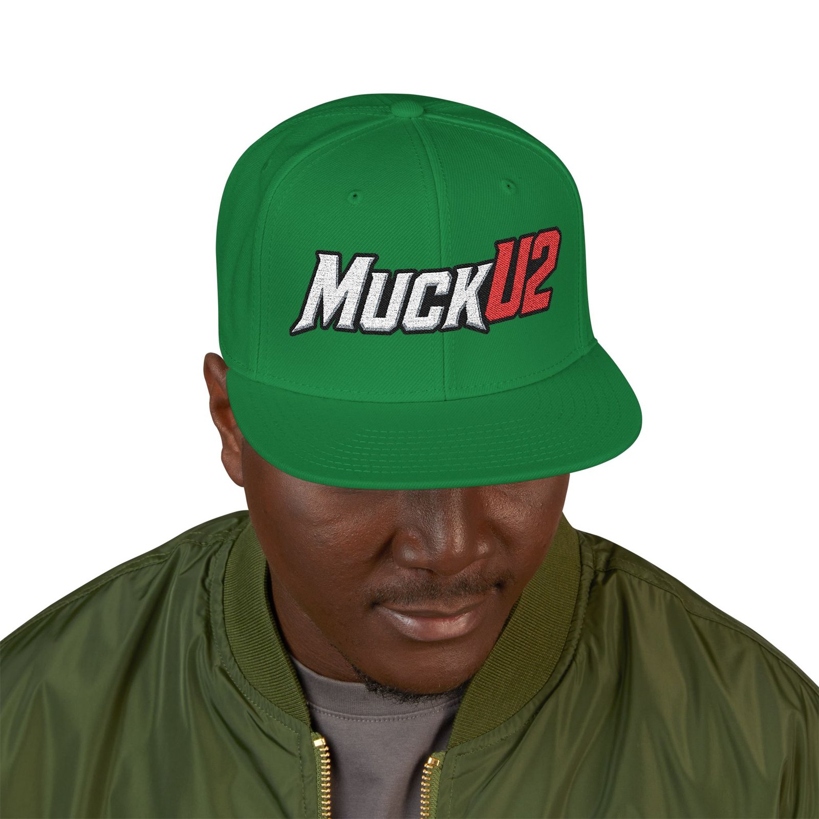 MuckU2 Snapback Poker Cap – White & Red Embroidered Logo