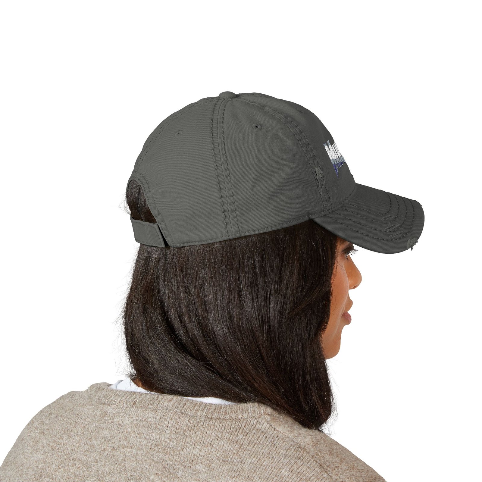 MuckU2 Distressed Dad Hat – Silver & Blue Embroidered Poker Cap