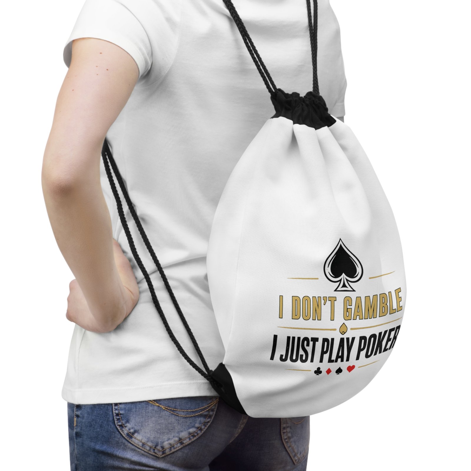 I Don’t Gamble, I Just Play Poker Drawstring Bag – Gold & Black Logo