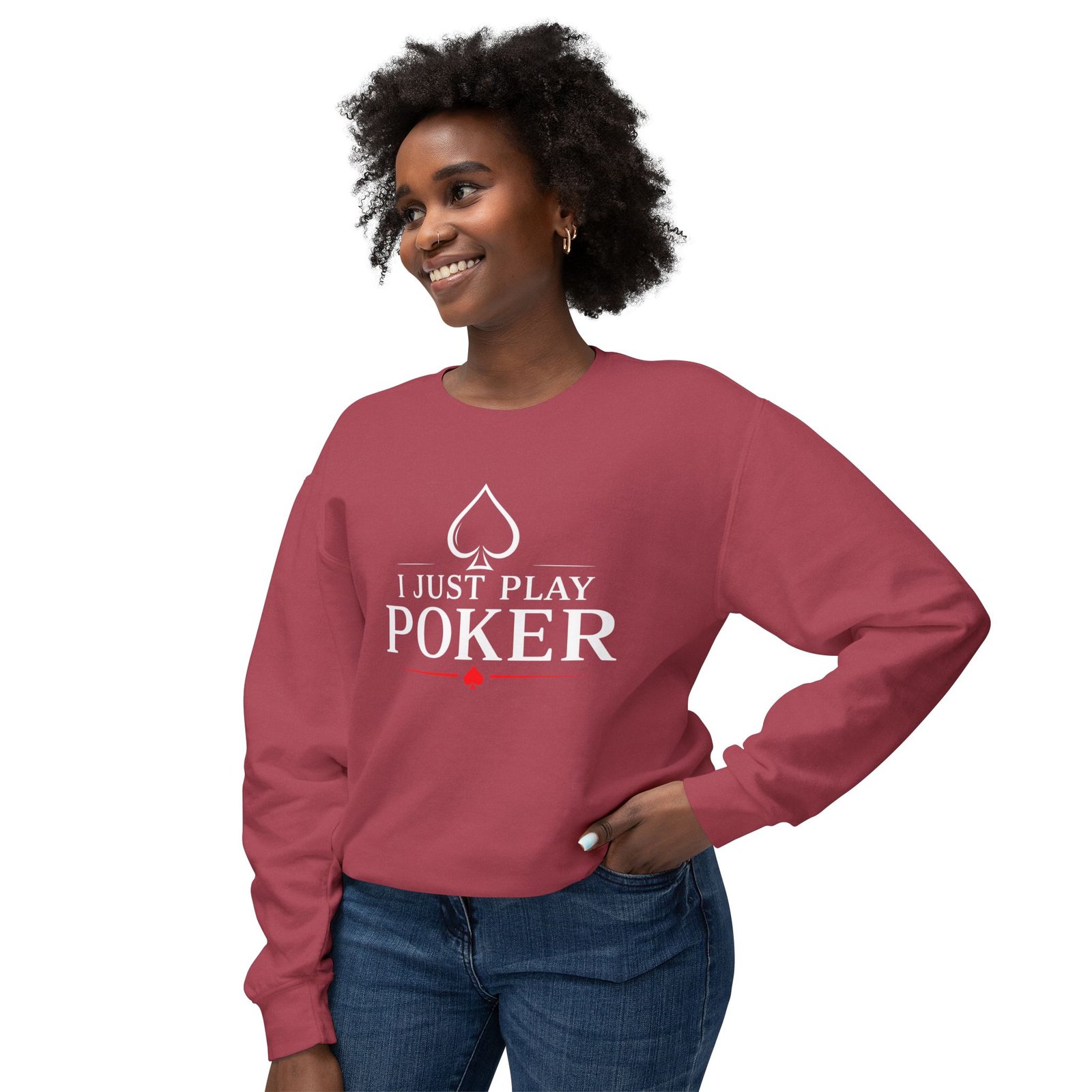I Just Play Poker Crewneck Sweatshirt – White & Red Logo